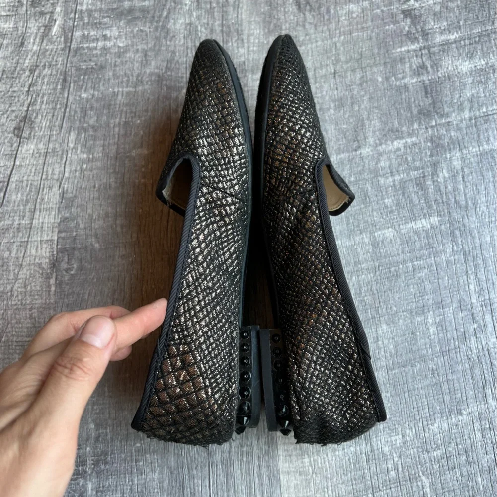 SAM LIBBY Size 6.5 Gold Black Studded Slip On Flats Glittery Fabric Womens